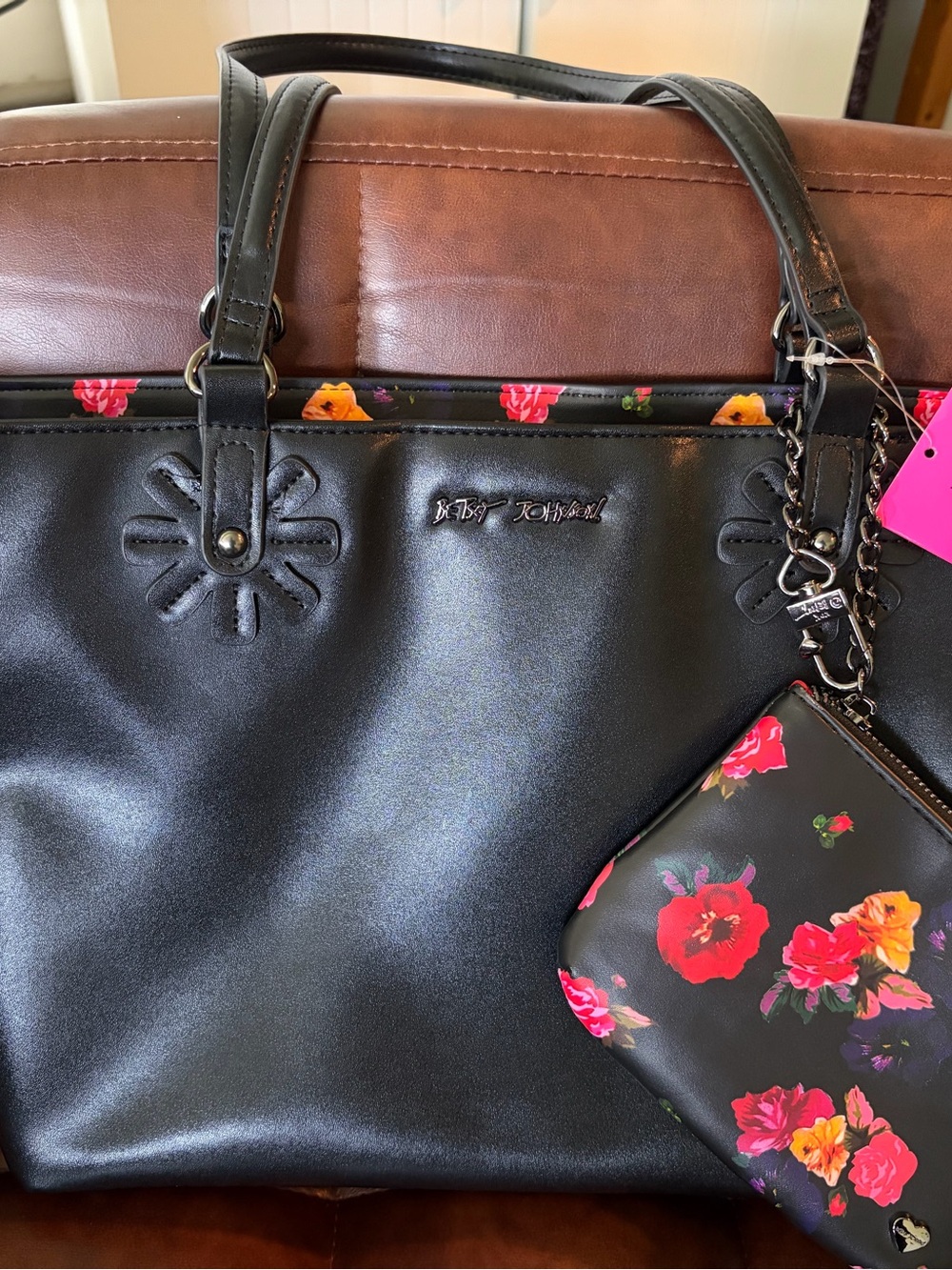 Betsey Johnson Black Floral Accent Tote with Pouch NWT - Picture 2 of 6